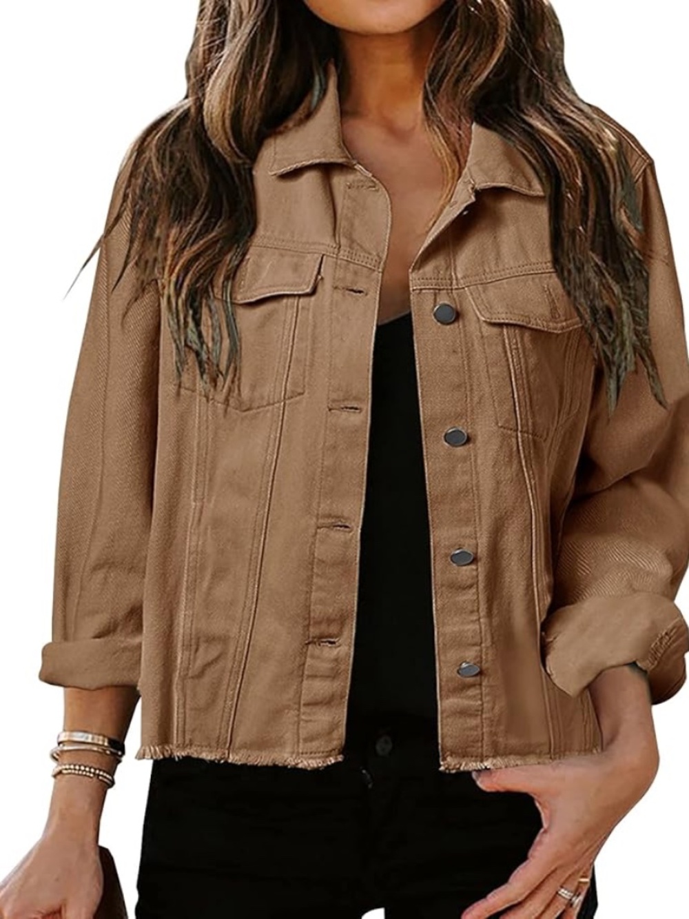 Women's Jean Jacket Frayed Washed Button Up Cropped Denim Jacket With Pocket NEW